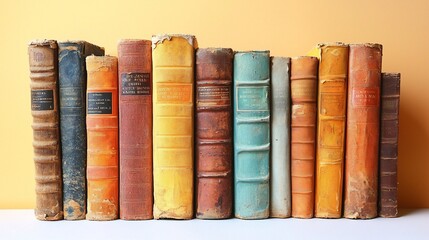 A collection of vintage books with worn covers arranged neatly against a soft orange backdrop