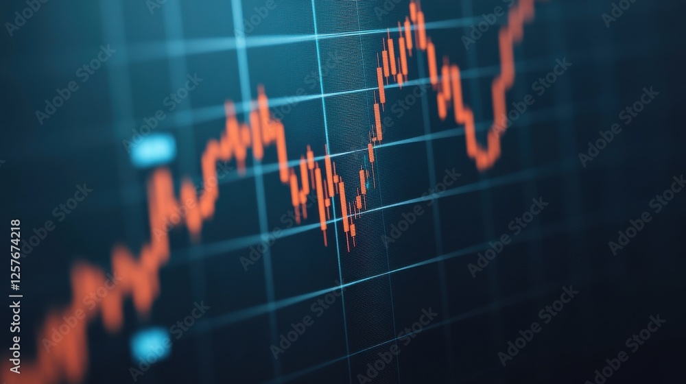 Poster a close-up of a financial graph displaying an upward trend with a vibrant orange line on a dark back