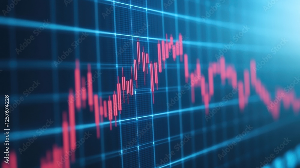 Poster a digital graph displaying fluctuating trends, featuring a blue background and prominent red line, r