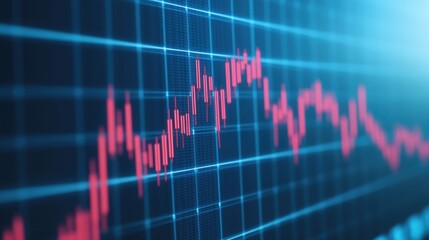 A digital graph displaying fluctuating trends, featuring a blue background and prominent red line, representing data analysis or financial statistics.