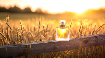 Elegant perfume bottle resting on rustic wooden fence with golden wheat field and sunset background.