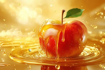 Red apple covered in golden caramel sauce with green leaf
