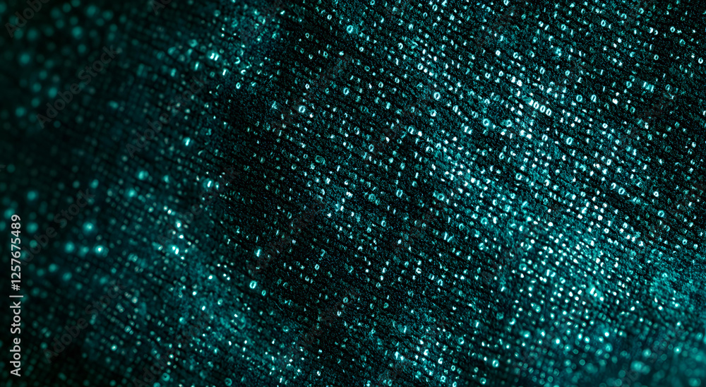 Poster abstract teal digital data stream flowing across a dark background