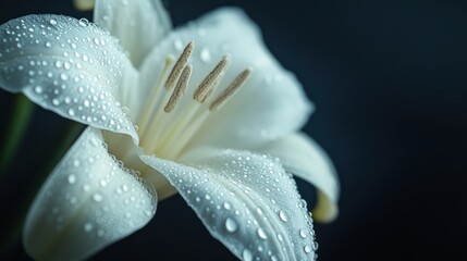 A close-up of an elegant white lily with dew drops on its petals, set against a black background
