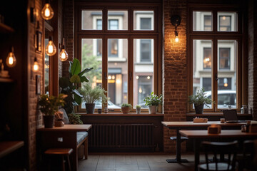 cozy coffee shop or workspace with rustic chic atmosphere and plants