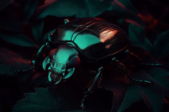 Ein gl&auml;nzender gr&uuml;ner Blattk&auml;fer sitzt auf einem gr&uuml;nen Blatt. Der Hintergrund ist gr&uuml;n und unklar