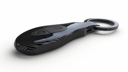 Obraz premium A luxury sports car key with a sleek carbon fiber finish and metallic accents, isolated on white. The modern design and prestige branding evoke status.
