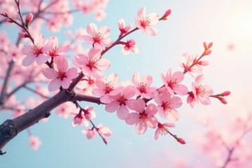 Delicate Pink Blossoms on a Branch, Illuminated by Soft Sunlight, a Symbol of Spring's Gentle Arrival
