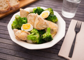 Chicken breast with broccoli and quail eggs on plate for healthy dinner
