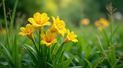 Obraz premium Vibrant Yellow Blossoms in a Lush Green Meadow, Displaying Delicate Petals and Graceful Stalks, Basking in the Soft Light of a Sunny Day