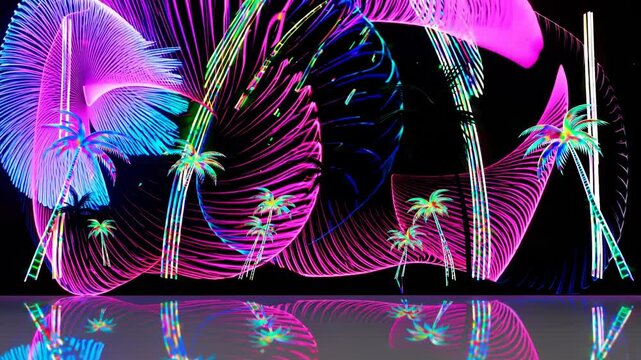 tropical palm leaves against a vibrant retro-futuristic background, creating a surreal and aesthetically