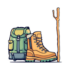 Vsai backpack, hiking boot and walking stick ready for trekking