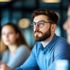 Obraz premium Man with Beard Wearing Glasses in Meeting