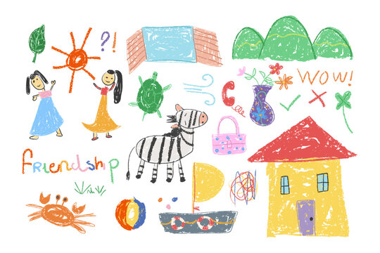 Crayon fun cute kid colorful doodle set badge, scribble line flower, heary background. Hand drawn doodle sketch childish element set. Flower, heart, zebra, turtle, children draw style elements	
