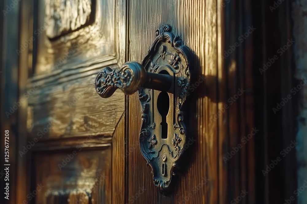 Poster elegant door handle with intricate detailing and a keyhole, capturing the polished metal surface and
