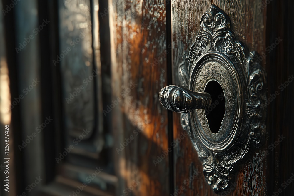 Poster elegant door handle with intricate detailing and a keyhole, capturing the polished metal surface and