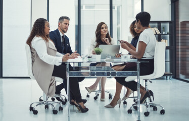 Meeting, team and business people problem solving, discussion and pitch idea in office. Group, development manager and planning project for sales, training and collaboration for strategy proposal