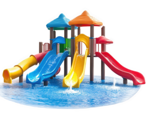 vibrant water playground featuring colorful slides, splash pads, and fountains, perfect for children to enjoy fun filled day of play and splashing in water
