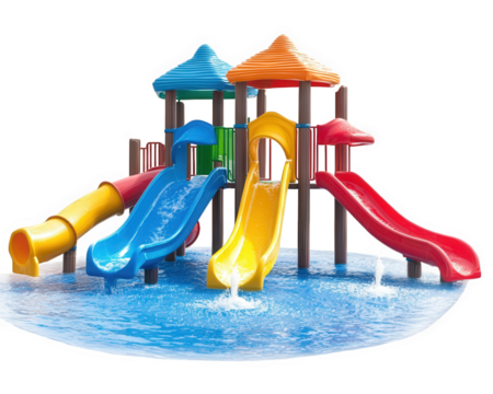vibrant water playground featuring colorful slides, splash pads, and fountains, perfect for children to enjoy fun filled day of play and splashing in water