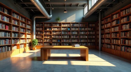 Obraz premium Serene Study Hall Sunlight Illuminates Extensive Wooden Bookshelves Filled with Volumes, Centered by a Simple Wooden Table, Perfect for Contemplation and Research