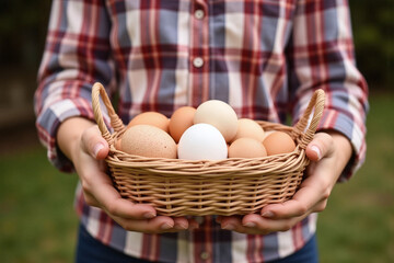 person in plaid shirt holding wicker basket of various eggs