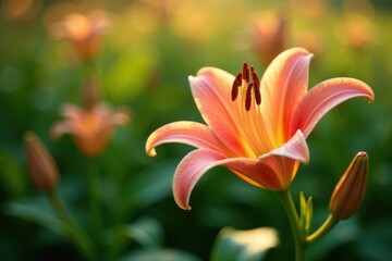 Fototapeta premium A delicate peach lily blossom bathed in the warm glow of sunset, surrounded by a field of blurred lilies, creating a serene and peaceful ambiance.