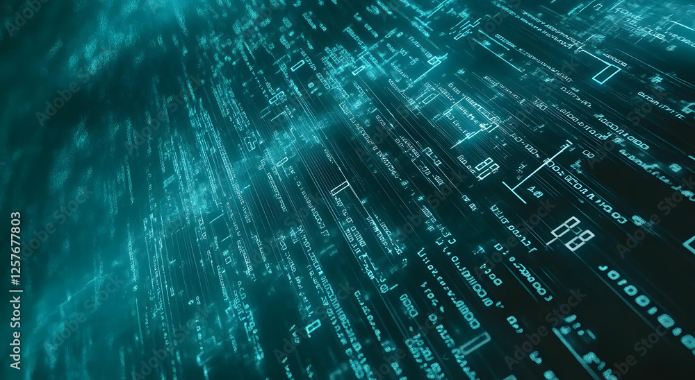 Poster abstract digital data stream visualization turquoise teal color high tech futuristic background