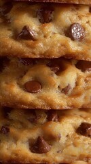 stacked cookies, with golden brown chocolate chip cookies stacked perfectly on top of each other, showcasing their crispy edges and soft centers.