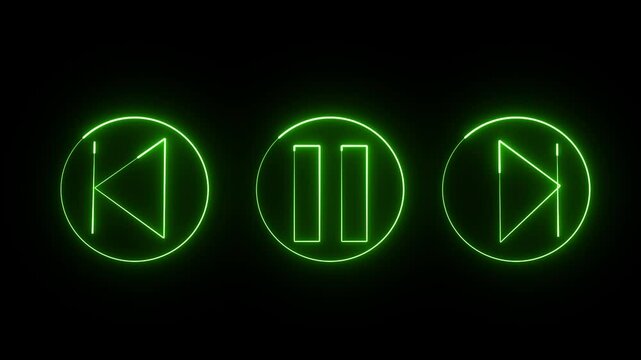 Video, audio neon play button icon animation with previous and next button. Glowing play button animation on black background.