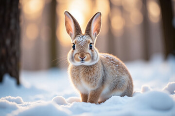 rabbit in snowy forest during golden hour white beige brown