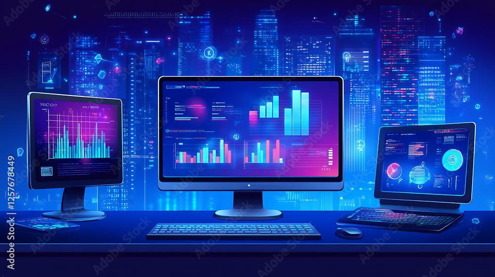 Poster data analysis and visualization showcase urban office space digital displays modern environment aeri
