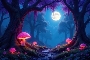Enchanted Moonlight Path Through a Luminescent Forest of Glowing Fungi and Mossy Trees