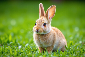 Obraz premium small fluffy rabbit on green grassy area light brown fur