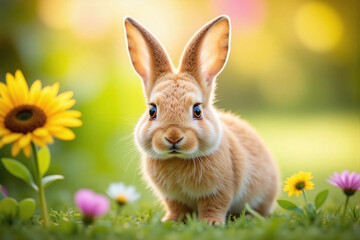 small rabbit in lush sunlit garden golden brown fur