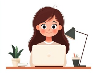 cartoon Woman Working on Laptop at Desk