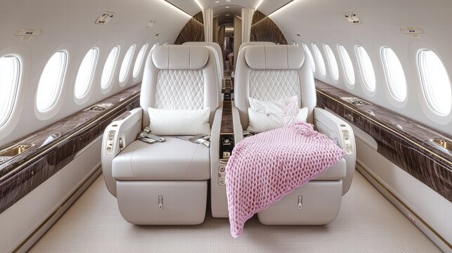 Luxury Business Class Airplane Seat with a Pastel Blanket Exuding Elegance and Comfort