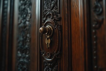 beautifully carved wooden door, with a brass door handle and a keyhole, the craftsmanship shining through the rich,