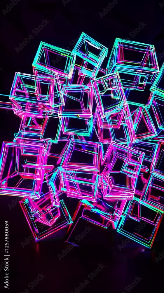 Poster interconnected glowing cubes shifting within a futuristic digital network, creating a high-tech and abstract visualization