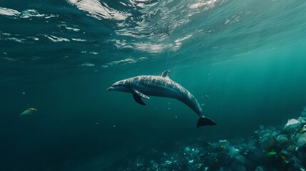 Obraz premium Dolphin swimming through marine plastic waste in ocean underwater photography environmental awareness scenic perspective