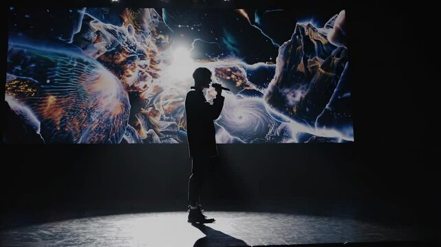 Silhouette of a singer on stage with a cosmic video backdrop. Shot from a low angle, capturing the dramatic and artistic atmosphere.