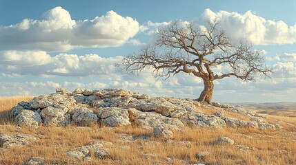 Lonely leafless tree stands on rocky outcrop under cloudy sky