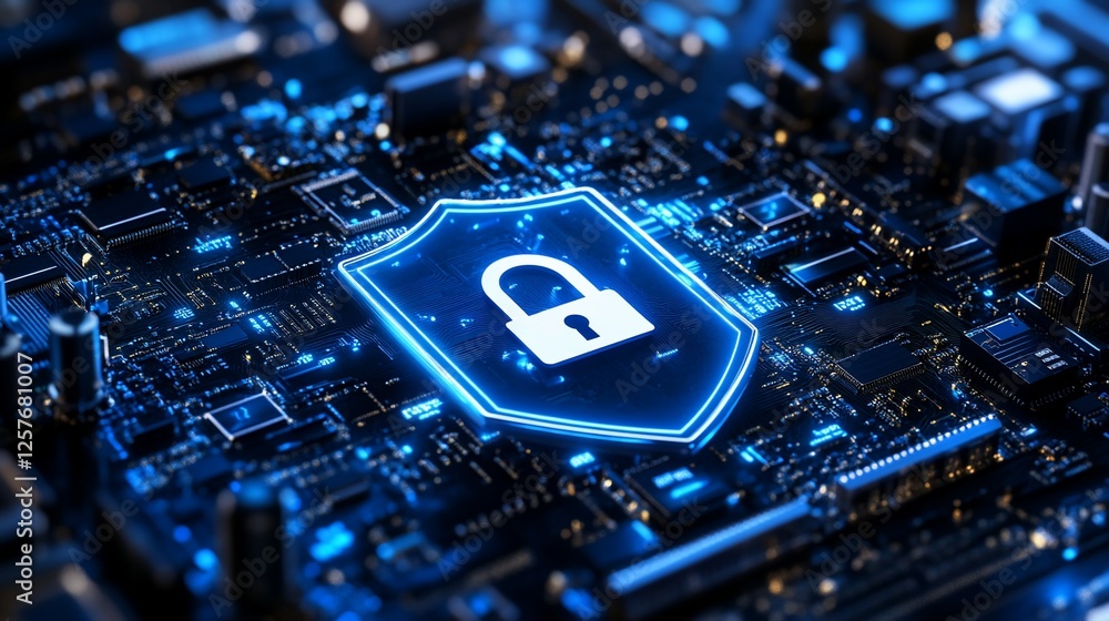 Poster cybersecurity shield: digital data protection and network security