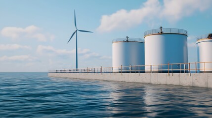 Obraz premium Wind Energy Infrastructure: A powerful wind turbine stands tall against the backdrop of a vast, open sea, providing clean energy with an array of storage tanks for renewable energy.
