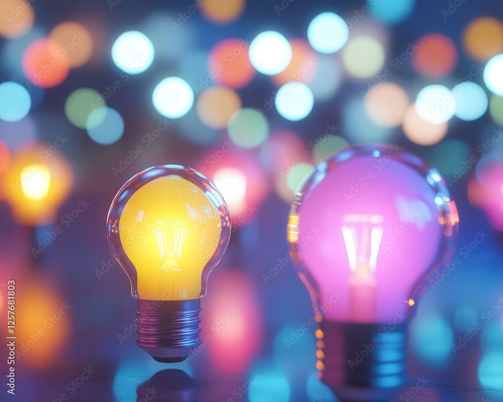 Poster colorful bulbs glowing in the dark, surrounded by a soft bokeh blur of lights, creating a whimsical 
