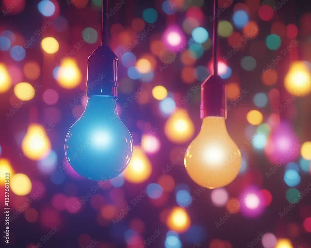 Poster colorful bulbs glowing in the dark, surrounded by a soft bokeh blur of lights, creating a whimsical 