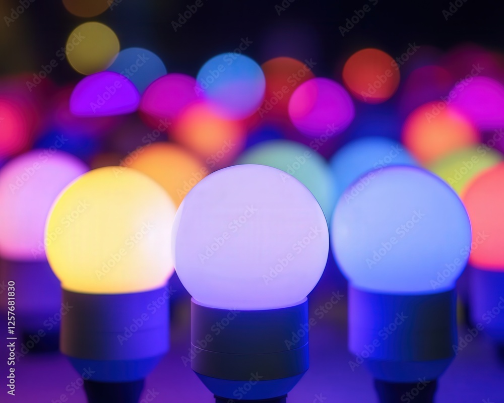 Poster colorful bulbs glowing in the dark, surrounded by a soft bokeh blur of lights, creating a whimsical 