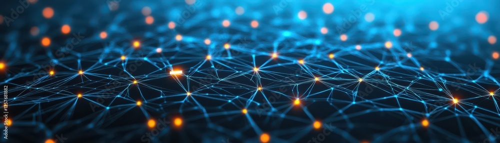 Poster a vivid digital network image showcasing interconnected nodes and glowing lights against a blue back