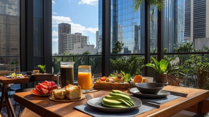 A healthy breakfast spread with avocado toast,