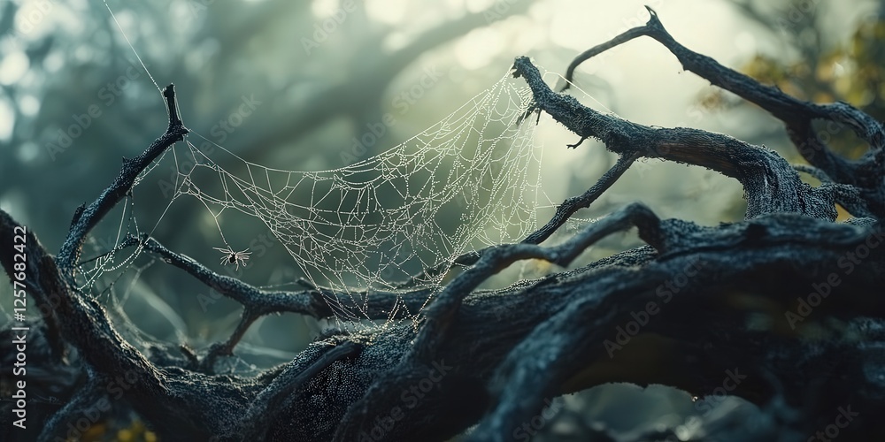 Poster twisted dry branches and spider webs, with sunlight filtering through the trees in the background, c