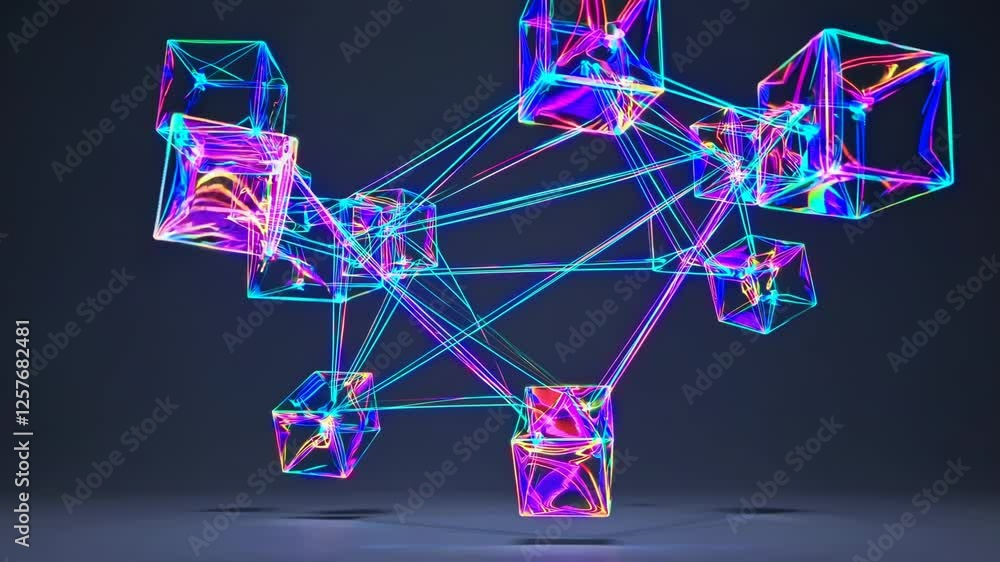 Poster interconnected glowing cubes shifting within a futuristic digital network, creating a high-tech and 